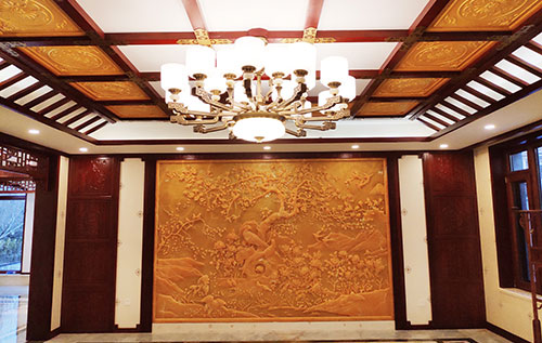 普安中式别墅客厅中式木作横梁吊顶装饰展示